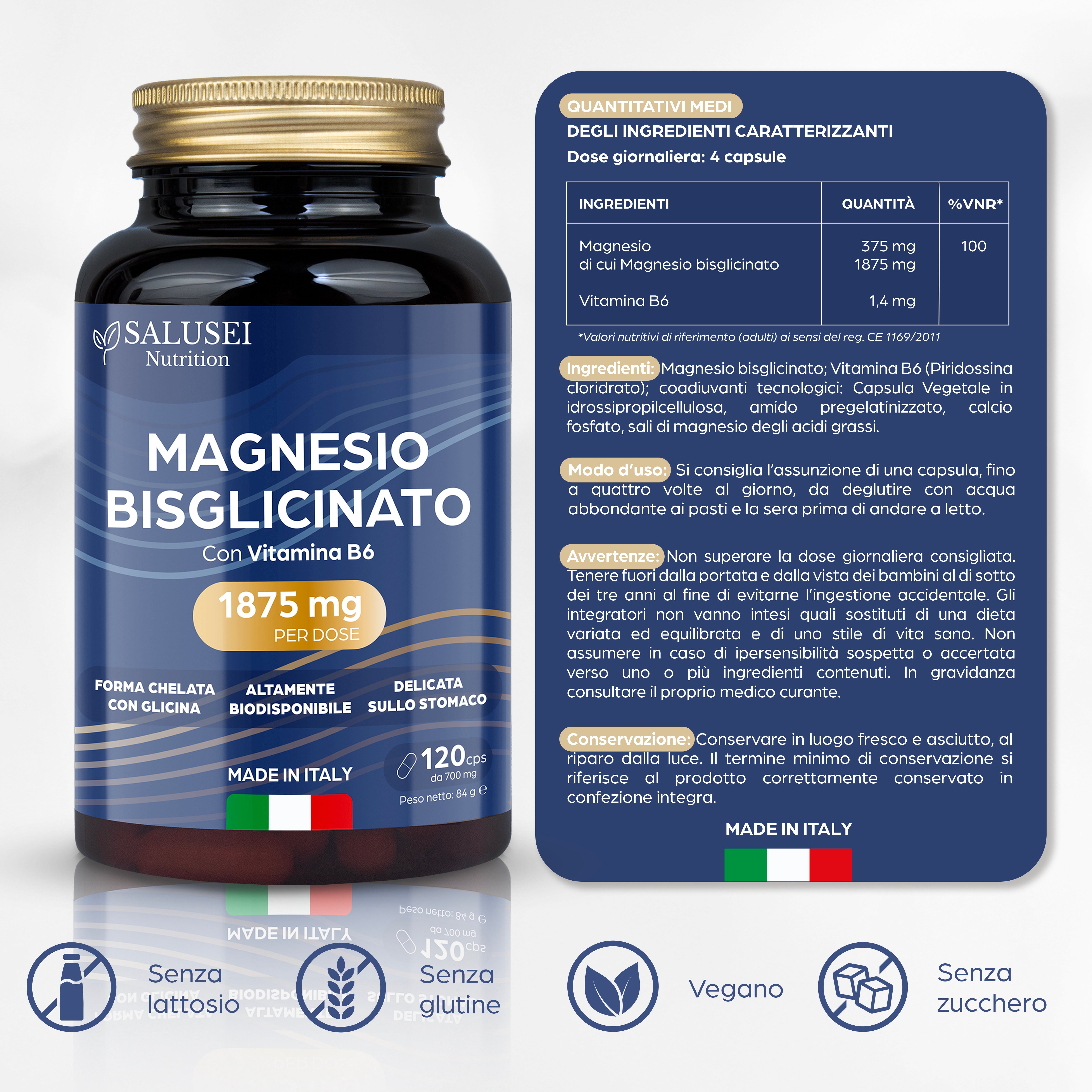 Magnesio Bisglicinato 1876mg con Vitamina B6, 120 capsule