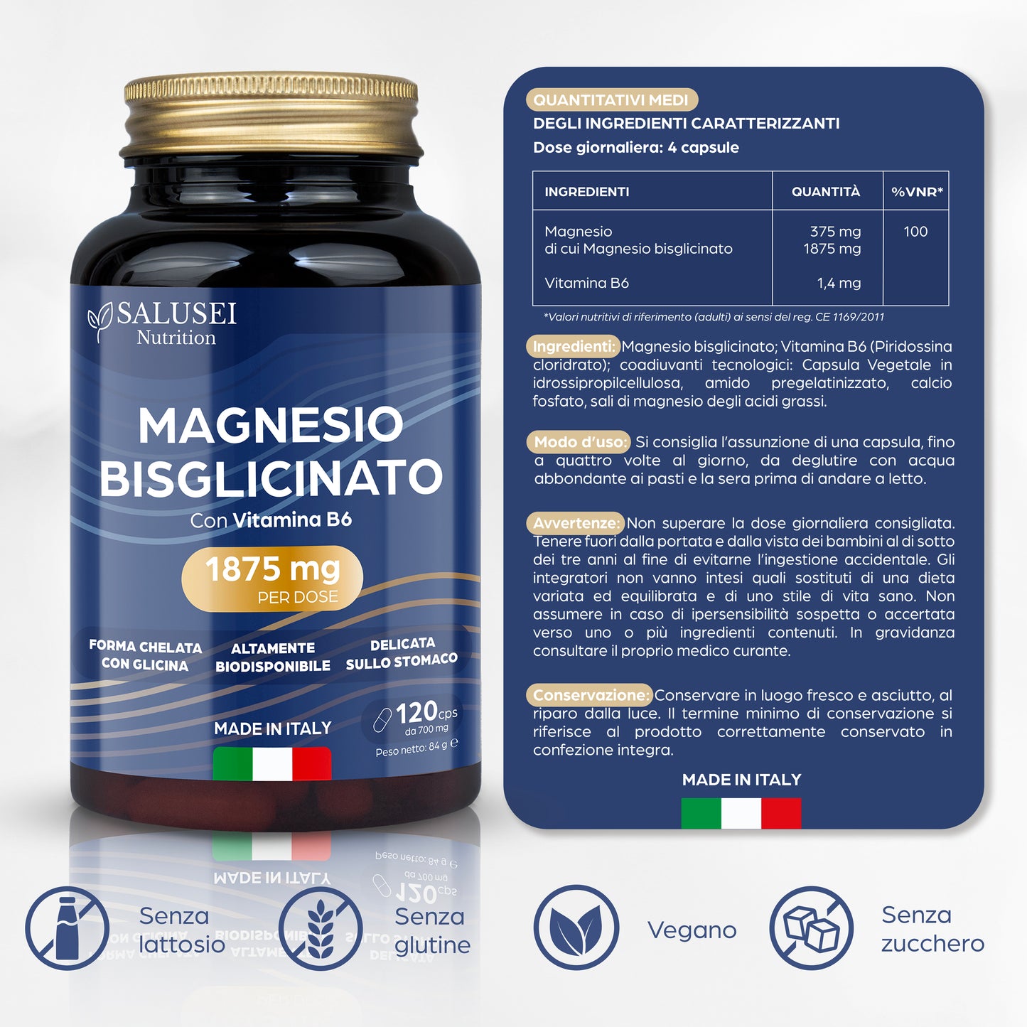 Magnesio Bisglicinato 1876mg con Vitamina B6, 120 capsule