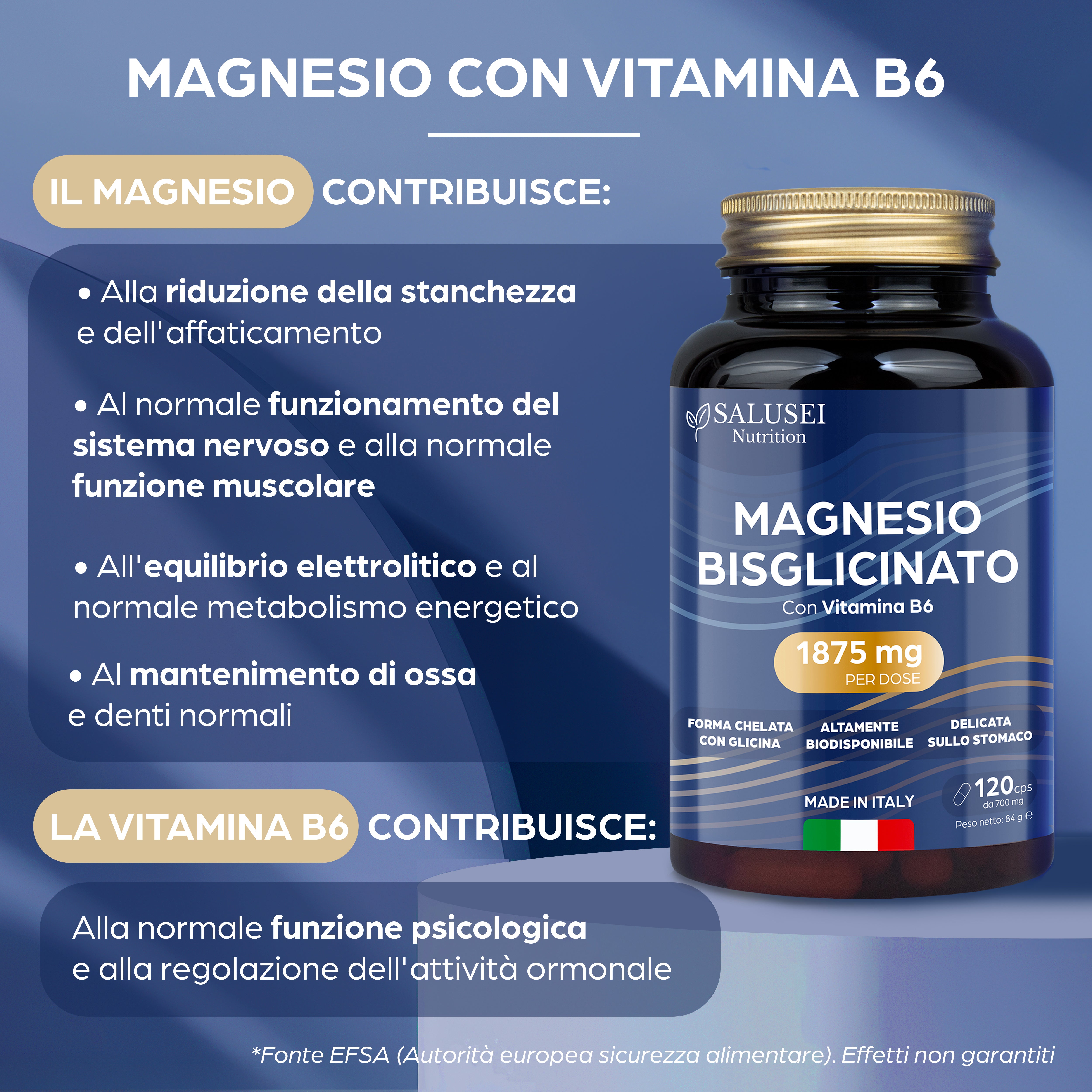 Magnesio Bisglicinato 1876mg con Vitamina B6, 120 capsule