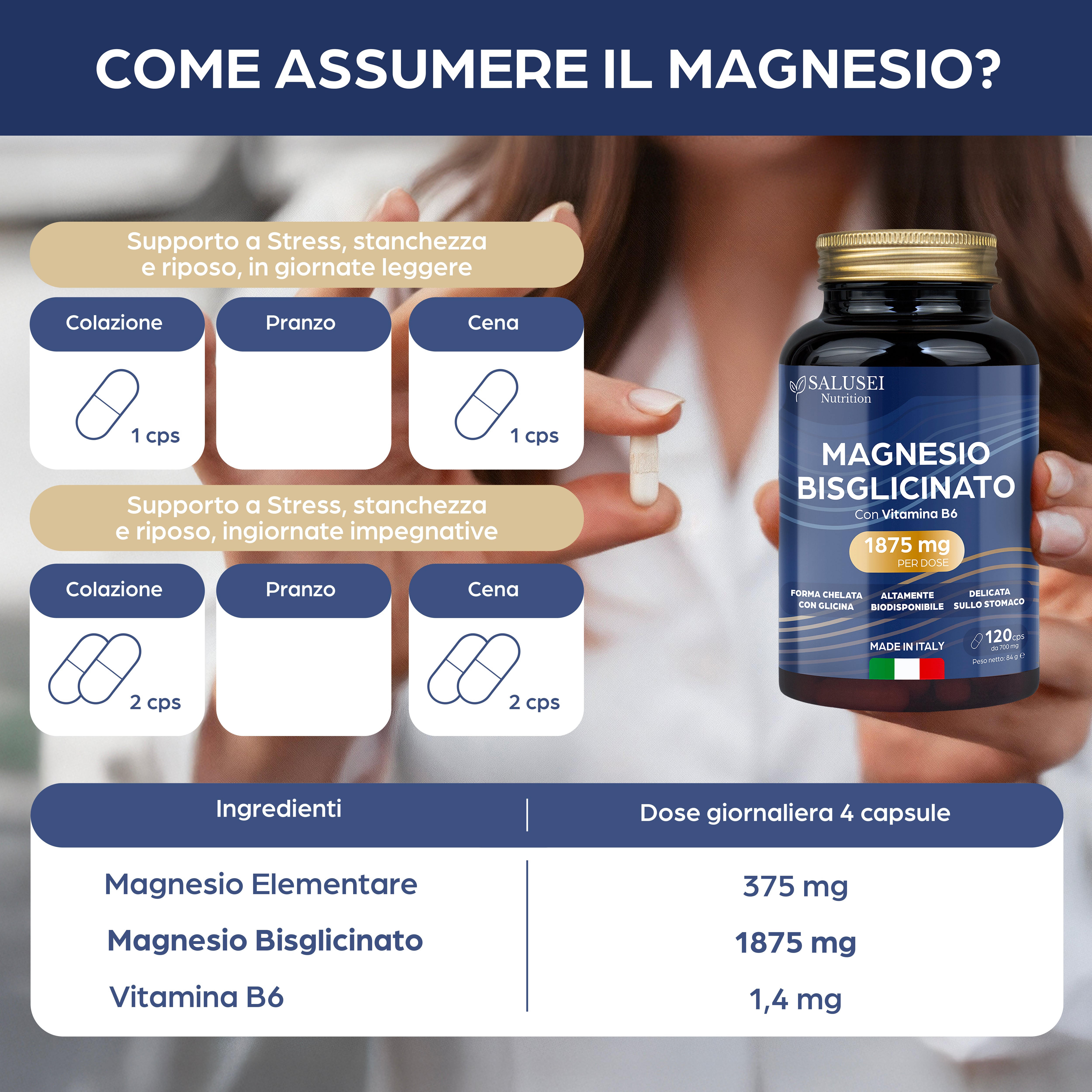 Magnesio Bisglicinato 1876mg con Vitamina B6, 120 capsule